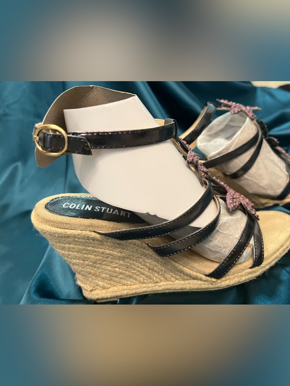 Colin Stuart Black /Bronze  Leather Espadrille Wedges with Pink Crystal Flowers